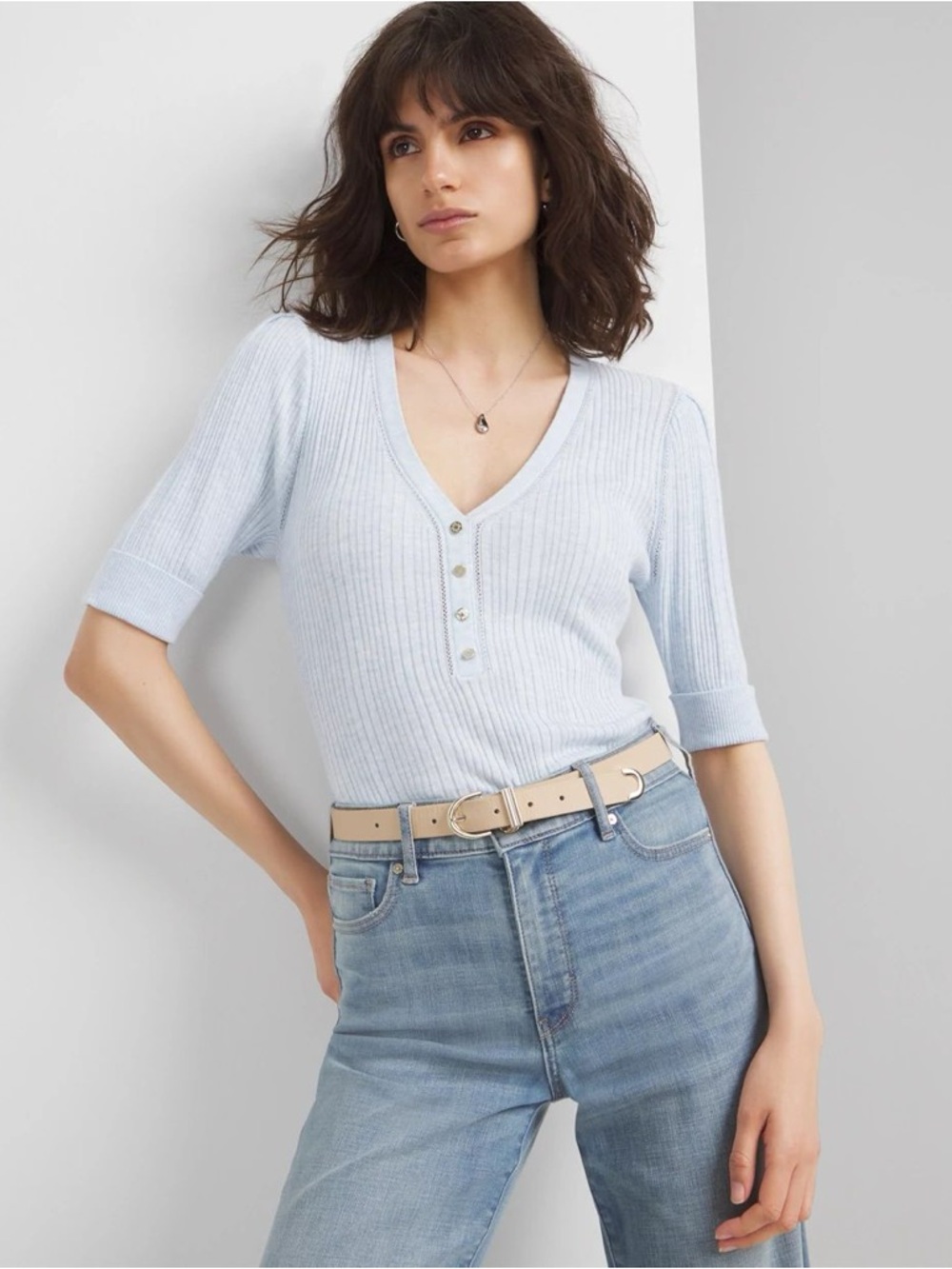 White House Black Market Cashmere Blend Elbow-Sleeve Henley Sweater Size Small